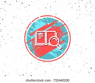 Grunge button with symbol. Search in Book line icon. Education symbol. Instruction or E-learning sign. Random background. Vector