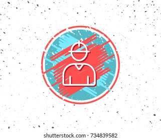 Grunge button with symbol. Worker line icon. Engineer Profile sign. Male Person silhouette symbol. Random background. Vector