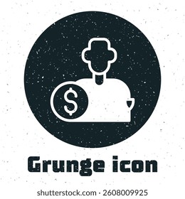 Grunge Buy football or soccer player icon isolated on white background. Monochrome vintage drawing. Vector