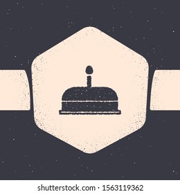 Grunge Cake with burning candles icon isolated on grey background. Happy Birthday. Monochrome vintage drawing. Vector Illustration