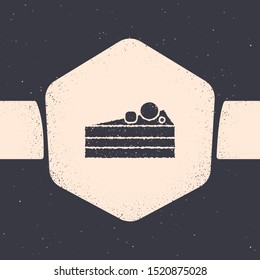 Grunge Cake icon isolated on grey background. Happy Birthday. Monochrome vintage drawing. Vector Illustration