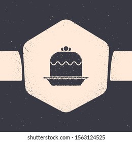 Grunge Cake icon isolated on grey background. Happy Birthday. Monochrome vintage drawing. Vector Illustration