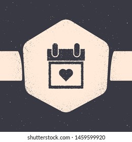 Grunge Calendar with heart icon isolated on grey background. Valentines day. Love symbol. February 14. Monochrome vintage drawing. Vector Illustration