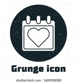 Grunge Calendar with heart icon isolated on white background. Valentines day. Love symbol. February 14.  Vector Illustration