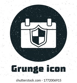 Grunge Calendar with shield icon isolated on white background. Insurance concept. Guard sign. Security, safety, protection, privacy concept. Monochrome vintage drawing. Vector.