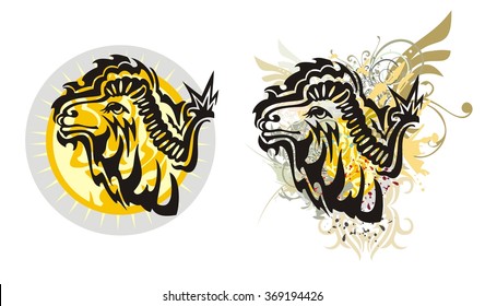 Grunge camel splashes. Tribal camel head against the decorative sun and camel head with floral elements