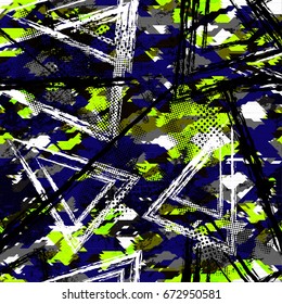 Grunge camouflage  geometric pattern for girls, boys, fashion textile, sport clothes. Urban modern design with curved squares, shape, spray paint elements. Chaotic  repeated backdrop