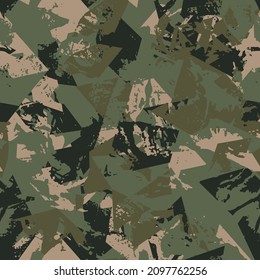 Grunge camouflage, modern fashion design. Dirty brush stroke camo military pattern. Army uniform. fashionable, fabric. Vector seamless texture.