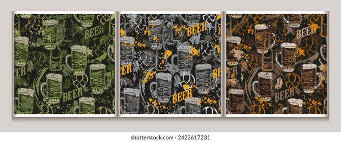 Grunge camouflage patterns with beer glass, abstract paint splatter, smudges, brushstrokes, blots. Outline silhouette of bottles, hop cones. Random composition.