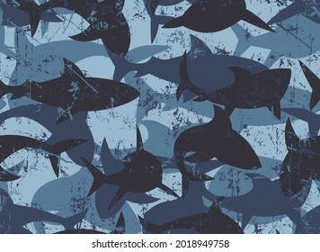 Grunge camouflage seamless pattern. Shark silhouettes. Navy color scheme,