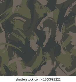 Grunge camouflage, seamless  texture, military camo pattern. Dry brush green camo clothes. Camouflage wallpaper for textile and fabric. Fashion urban style. Vector