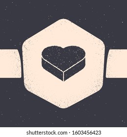 Grunge Candy in heart shaped box and bow icon isolated on grey background. Valentines Day. Monochrome vintage drawing. Vector Illustration