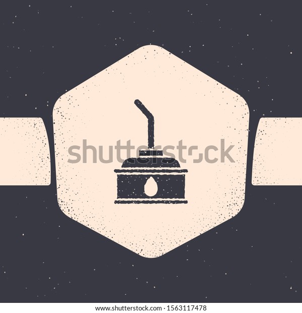 Grunge Canister for motor\
machine oil icon isolated on grey background. Oil gallon. Oil\
change service and repair. Monochrome vintage drawing. Vector\
Illustration