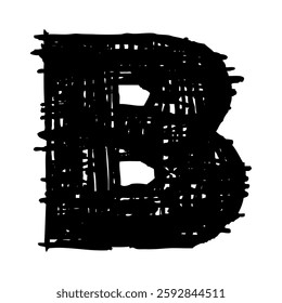 Grunge capital letter B. Distressed, punk and grunge style. Bold brush drawn vector typography. Black ink dirty texture capital letter. Retro typeface.