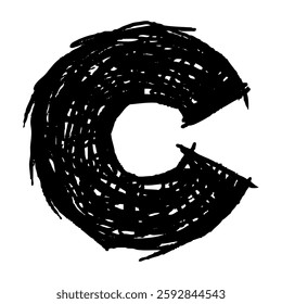 Grunge capital letter C. Distressed, punk and grunge style. Bold brush drawn vector typography. Black ink dirty texture capital letter. Retro typeface.