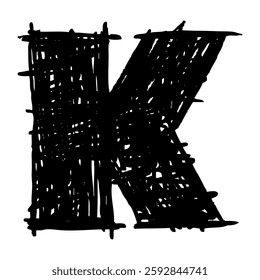 Grunge capital letter K. Distressed, punk and grunge style. Bold brush drawn vector typography. Black ink dirty texture capital letter. Retro typeface.