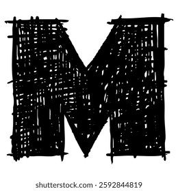 Grunge capital letter M. Distressed, punk and grunge style. Bold brush drawn vector typography. Black ink dirty texture capital letter. Retro typeface.