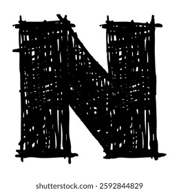 Grunge capital letter N. Distressed, punk and grunge style. Bold brush drawn vector typography. Black ink dirty texture capital letter. Retro typeface.