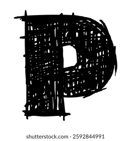 Grunge capital letter P. Distressed, punk and grunge style. Bold brush drawn vector typography. Black ink dirty texture capital letter. Retro typeface.	