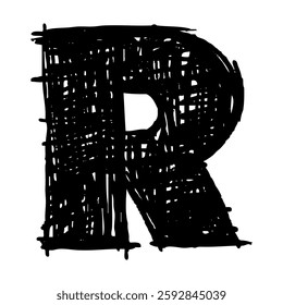 Grunge capital letter R. Distressed, punk and grunge style. Bold brush drawn vector typography. Black ink dirty texture capital letter. Retro typeface.	