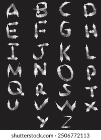 Grunge capital letters, distressed alphabet. Punk and grunge style alphabet. Stencil graffiti font. Bold brush drawn vector typography. White ink dirty texture capital letters. Retro typeface.