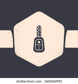Grunge Car key with remote icon isolated on grey background. Car key and alarm system. Monochrome vintage drawing. Vector Illustration