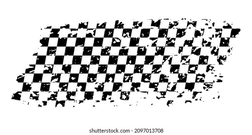 Grunge car race flag with scratches vector illustration. Checkered pattern of start and finish of auto rally and motocross, banner for karting sport, championship trophy isolated on white background