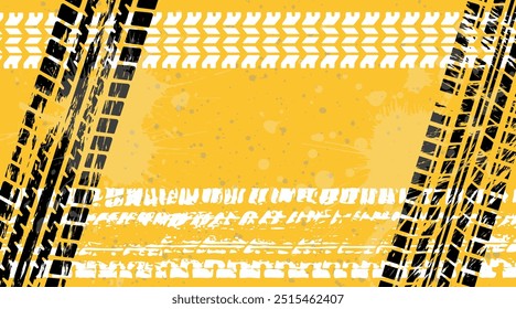 Grunge marcas de neumáticos de coche sobre fondo amarillo con salpicaduras, Plantilla para tarjeta de visita con espacio de copia. Ilustración vectorial.