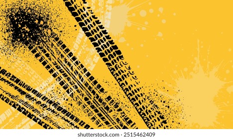 Grunge marcas de neumáticos de coche sobre fondo amarillo con salpicaduras, Plantilla para tarjeta de visita con espacio de copia. Ilustración vectorial.