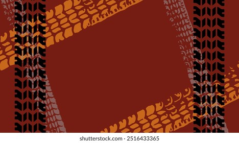 Grunge car tire marks on dark red background, template for business card with copy space. Vector illustration.