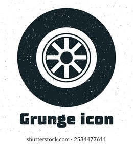 Grunge Car wheel icon isolated on white background. Monochrome vintage drawing. Vector