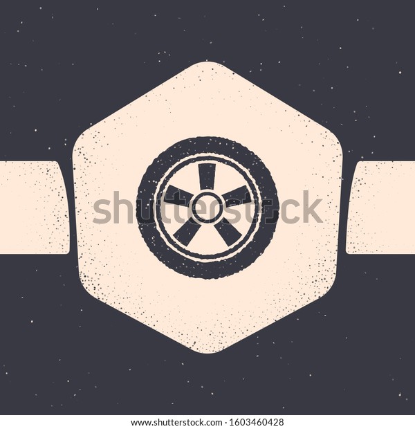 Grunge Car wheel icon\
isolated on grey background. Monochrome vintage drawing. Vector\
Illustration
