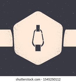 Grunge Carabiner icon isolated on grey background. Extreme sport. Sport equipment. Monochrome vintage drawing. Vector Illustration