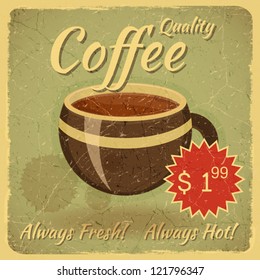 Grunge Card with Coffee Cup, Retro Vintage Cover for Coffee Menu with place for price - vector illustration