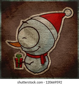 Grunge card with funny cartoon snowman.