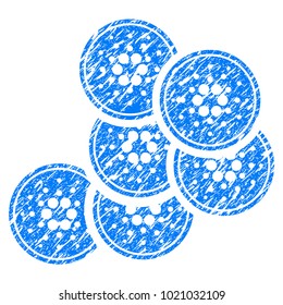 Grunge Cardano Coins rubber seal stamp watermark. Icon symbol with grunge design and dust texture. Unclean vector blue emblem.