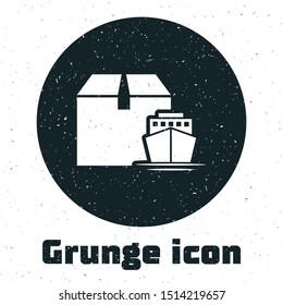 Grunge Cargo ship with boxes delivery service icon isolated on white background. Delivery, transportation. Freighter with parcels, boxes, goods.  Vector Illustration