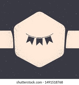 Grunge Carnival garland with flags icon isolated on grey background. Party pennants for birthday celebration, festival and fair decoration. Monochrome vintage drawing. Vector Illustration