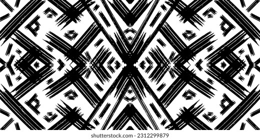 Grunge carpet texture, paint brush, torn stripes, ikat, ethnic pattern. Vector background