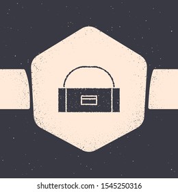 Grunge Case or box container for wobbler and gear fishing equipment icon isolated on grey background. Fishing tackle. Monochrome vintage drawing. Vector Illustration