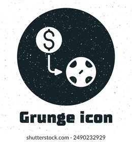 Grunge Casino chips exchange on dollar icon isolated on white background. Monochrome vintage drawing. Vector