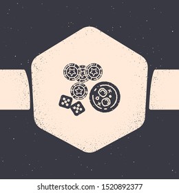 Grunge Casino chips, game dice and glass of whiskey with ice cubes icon isolated on grey background. Casino poker. Monochrome vintage drawing. Vector Illustration