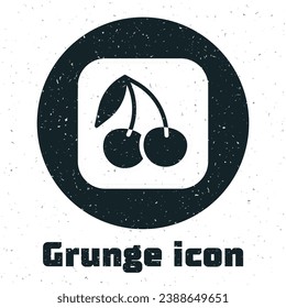 Grunge Casino slot machine with cherry symbol icon isolated on white background. Gambling games. Monochrome vintage drawing. Vector