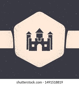 Grunge Castle icon isolated on grey background. Monochrome vintage drawing. Vector Illustration