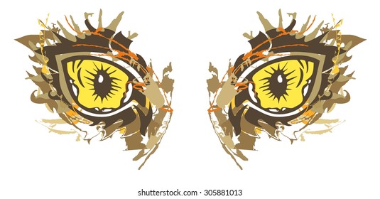 Grunge cat eyes. Details of yellow tribal cat's eyes