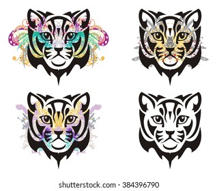 Grunge cat head. Tribal cat head splashes with floral elements and blood drops. Four options