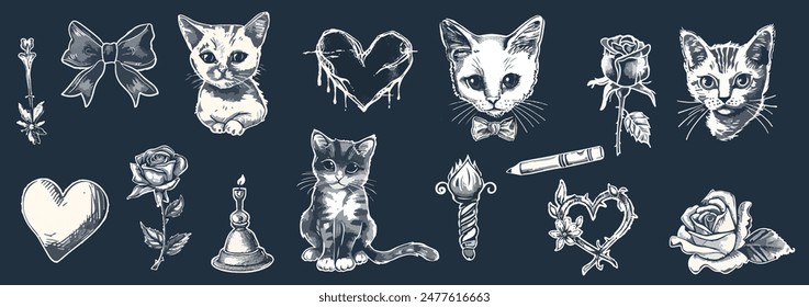 Grunge cat icon set, vector hand drawn sketch kitten, gothic heart, rock punk scribble symbol. Y2k emo romantic tattoo, cat, rose. Vector illustration with vintage grunge element. 