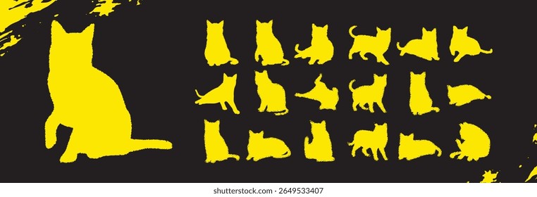 Grunge cat silhouette set in yellow on black background
