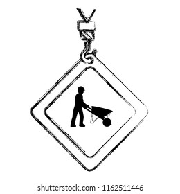 grunge caution diamond emblem with laborer and wheelbarrow