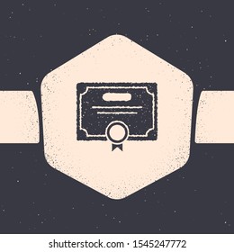 Grunge Certificate template icon isolated on grey background. Achievement, award, degree, grant, diploma. Business success certificate. Monochrome vintage drawing. Vector Illustration